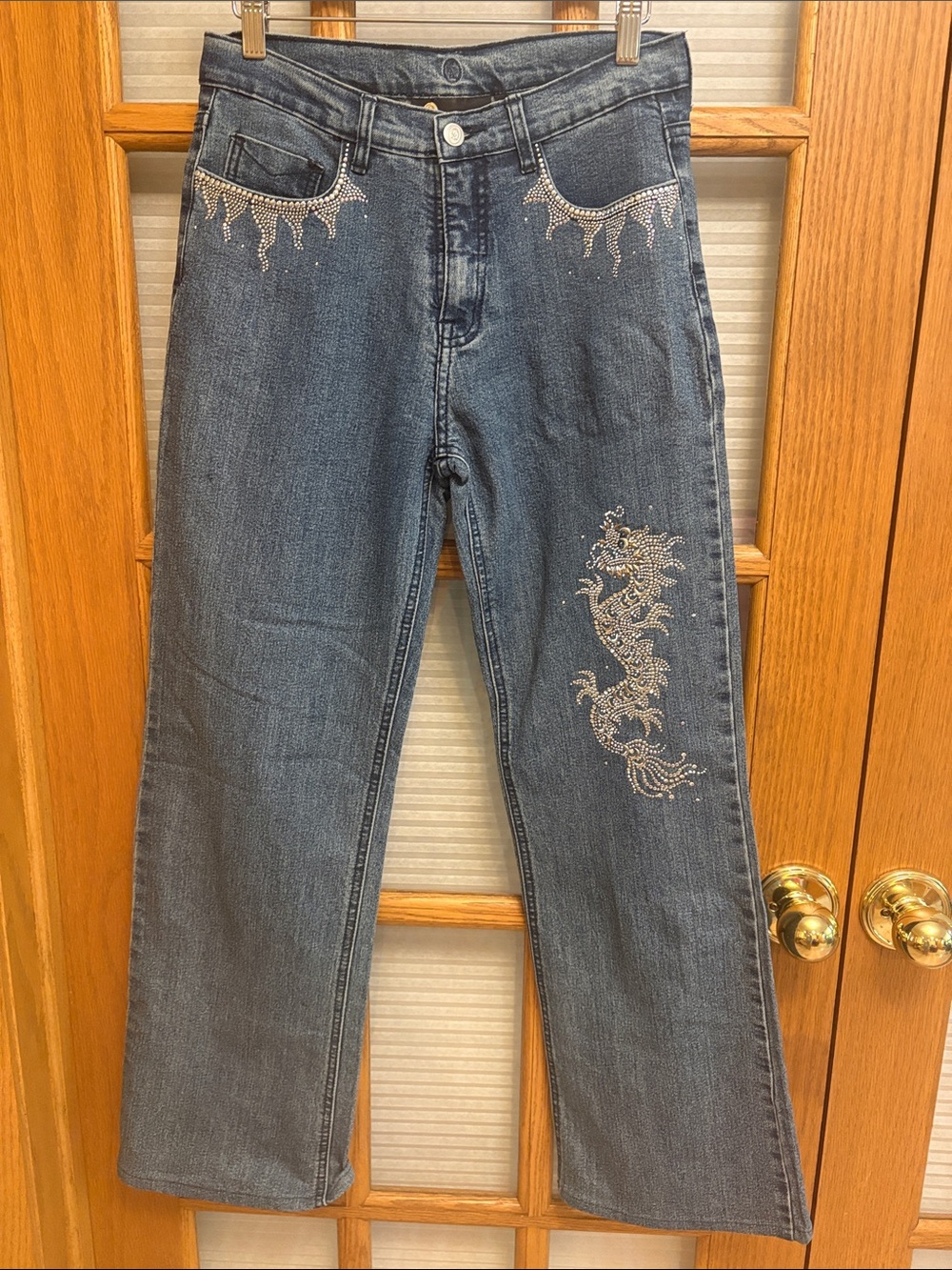 EUC Christine Alexander Dark Blue Flare Jeans with Rhinestone Dragon